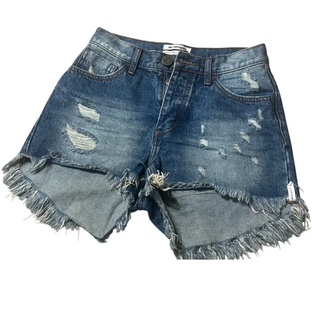 One Teaspoon High Waist Bonita Denim Shorts Blue Distressed Button Fly Size 26